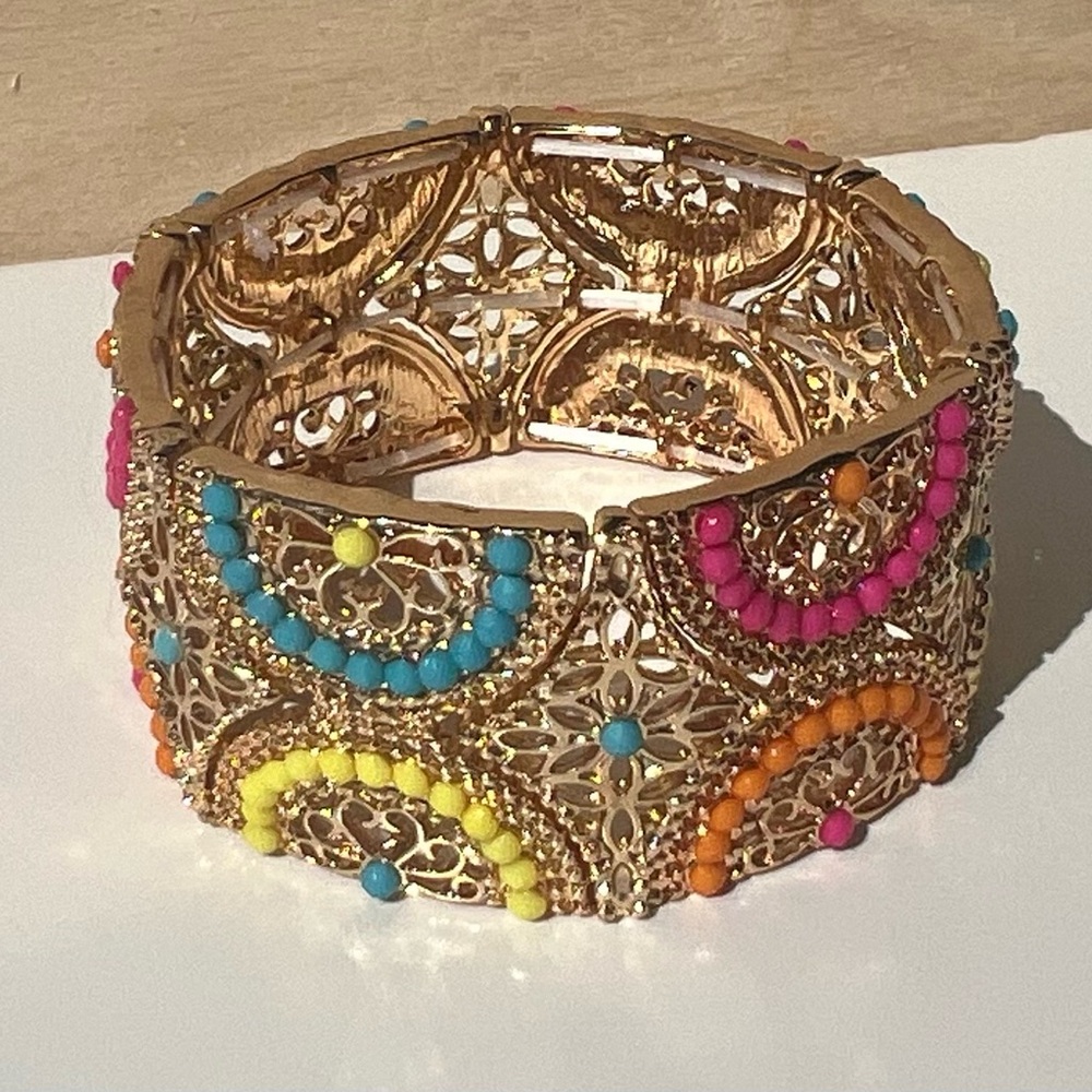 🛍️ 3/$15 Stretch Cuff Bangle Bracelet Beaded Vibrant Gold Plated 7” new